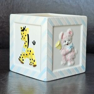 Vintage Napco Japan Planter Baby's Nursery Zoo Animals Blue White Block 4"